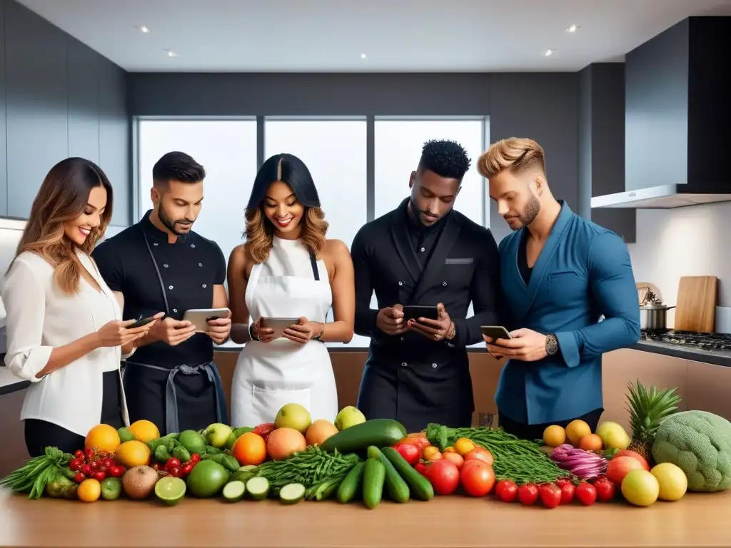 Amigos cocinando juntos en una cocina moderna usando smartphones y tablets, rodeados de alimentos frescos