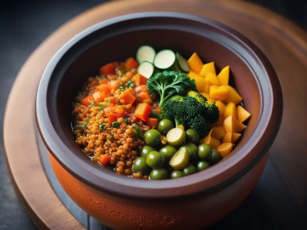 Fermentación ancestral en cocina vegana moderna: Detalle de olla de barro con vegetales fermentando