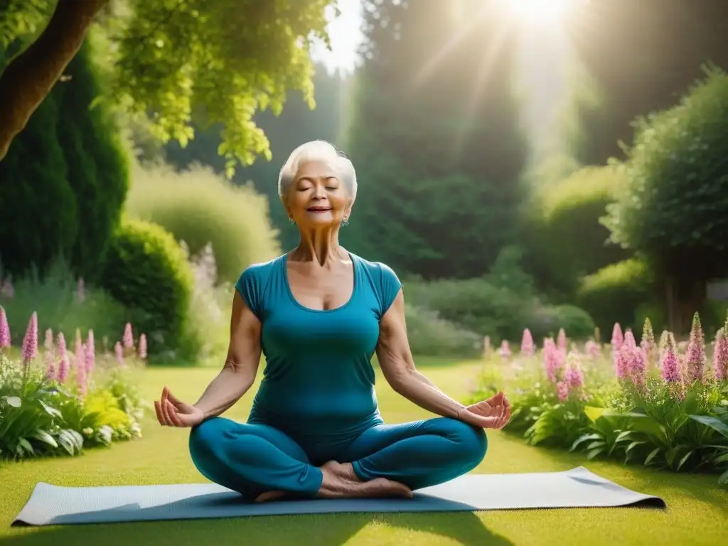 Una anciana vegana practica yoga con gracia en un jardín exuberante, rodeada de flores y árboles bajo el cálido sol