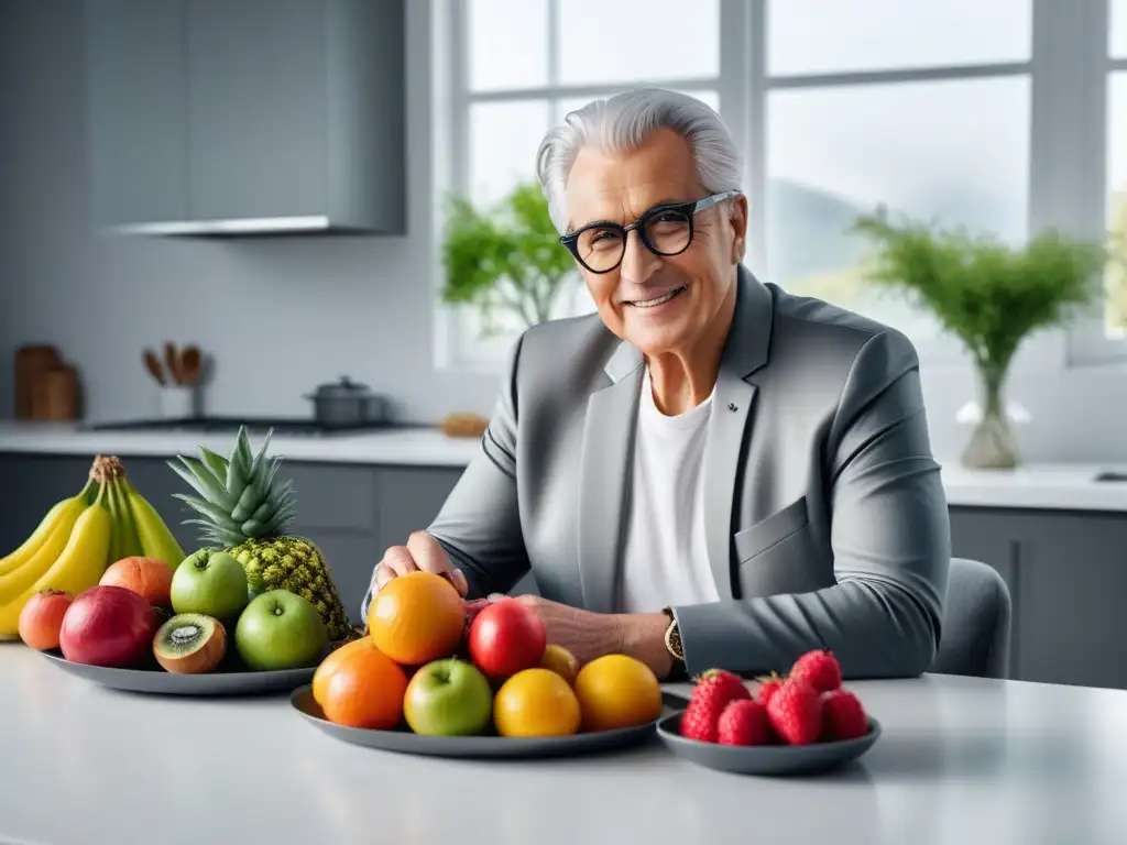 Un anciano con cabello plateado disfruta de una mesa llena de alimentos veganos coloridos y nutritivos en una cocina contemporánea