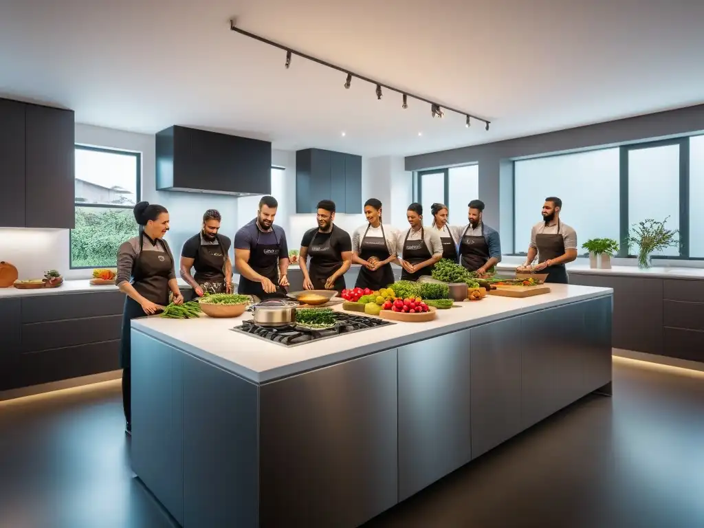 Una animada clase de cocina vegana brasileña, llena de color y creatividad en un ambiente moderno de aprendizaje y comunidad