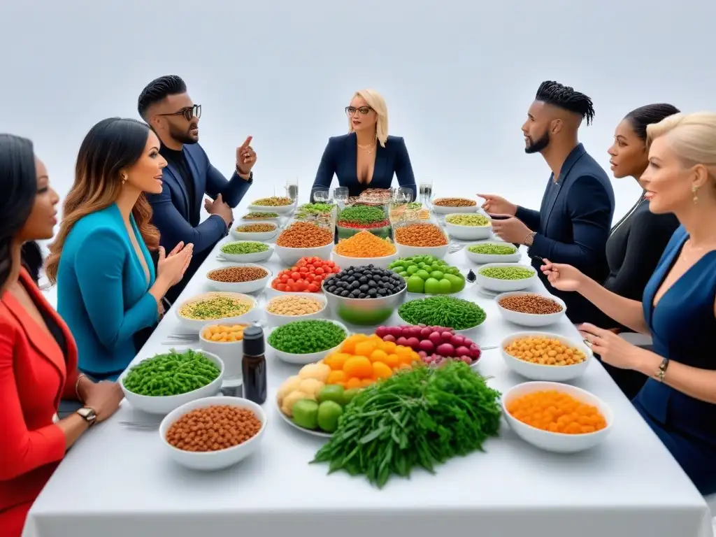 Animada discusión en foro vegano con comida colorida en mesa