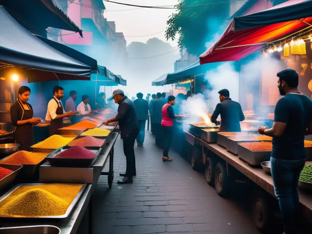 Una animada escena de un mercado callejero en la India, con chaat vegano auténtico y colorido siendo preparado por expertos chefs