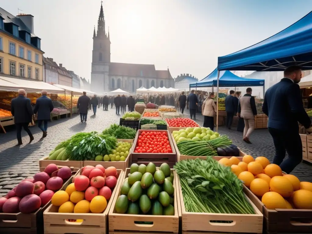 Una animada escena de mercado en Europa con productos frescos para cocina vegana