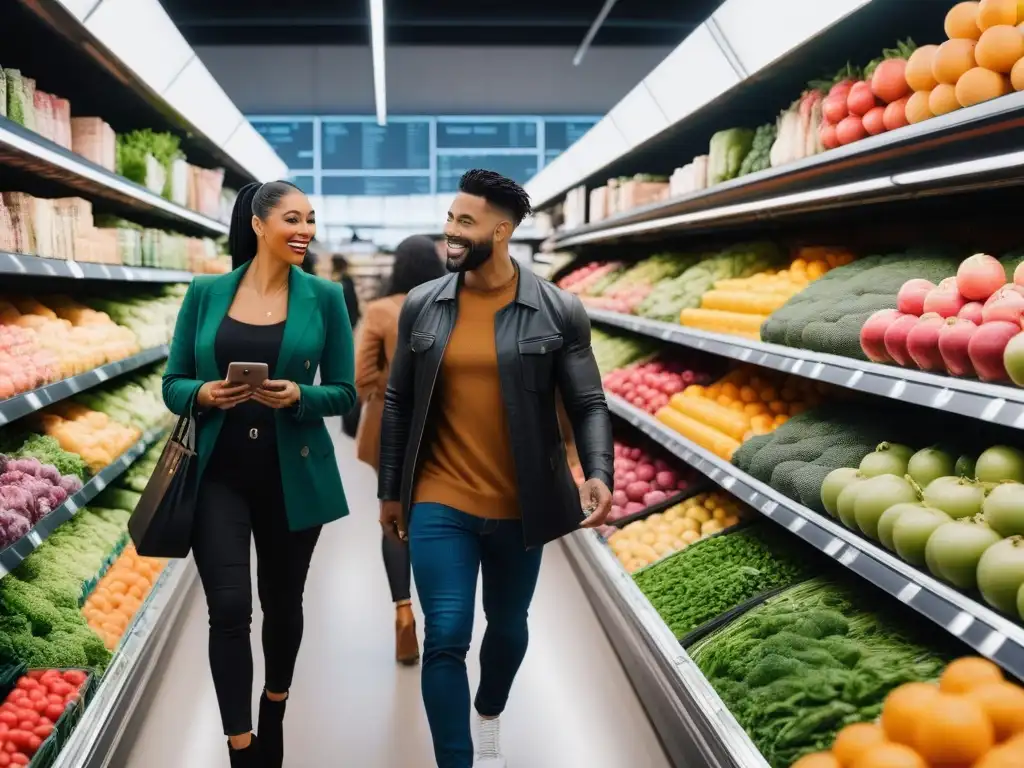 Una animada escena en un supermercado vegano, con personas explorando productos coloridos y sostenibles, compartiendo tips