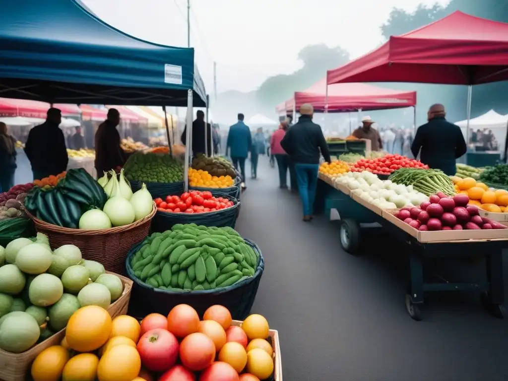 Una animada feria de agricultores con frutas y verduras frescas y coloridas