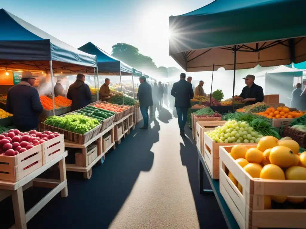 Una animada feria de agricultores rebosante de frutas y verduras orgánicas, con una atmósfera sostenible y multicultural