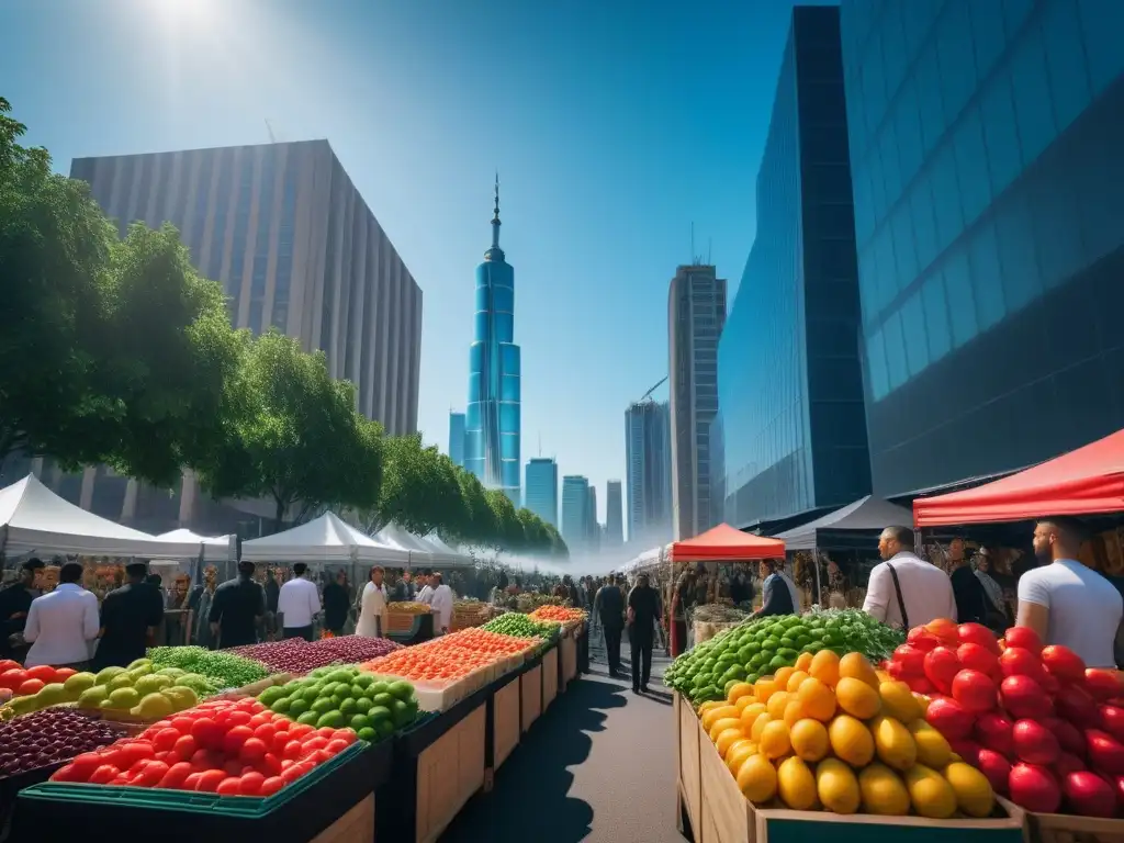 Una animada feria vegana en la ciudad, frutas, verduras y comida vegana