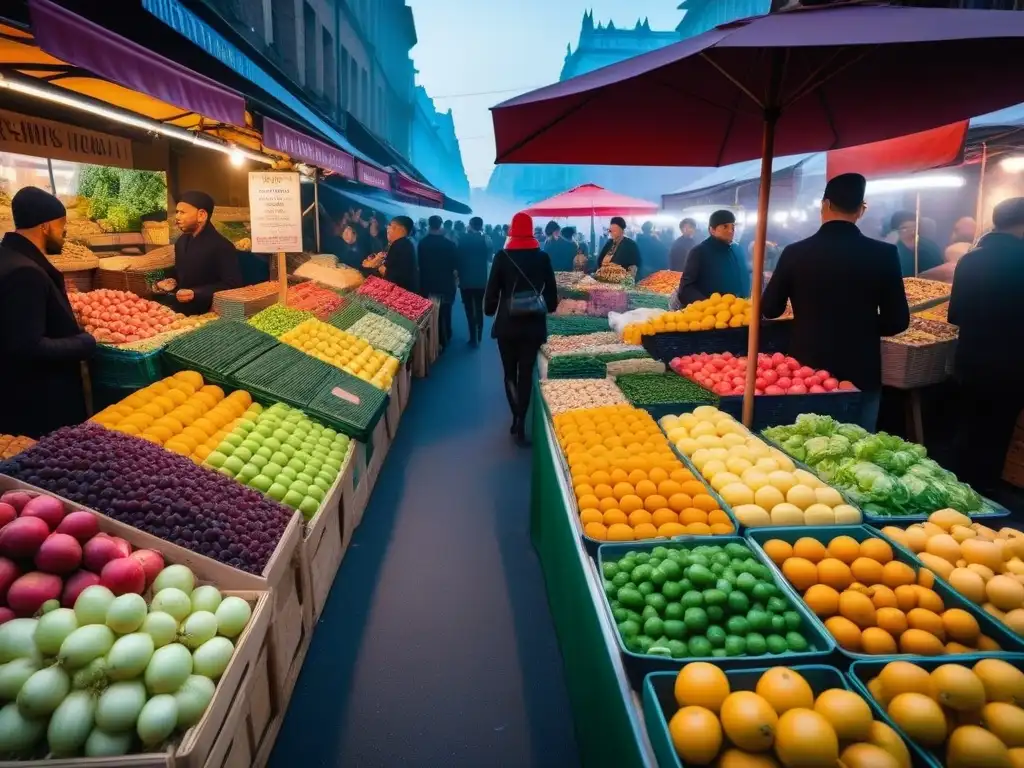 Una animada feria vegana con frutas, verduras y productos coloridos