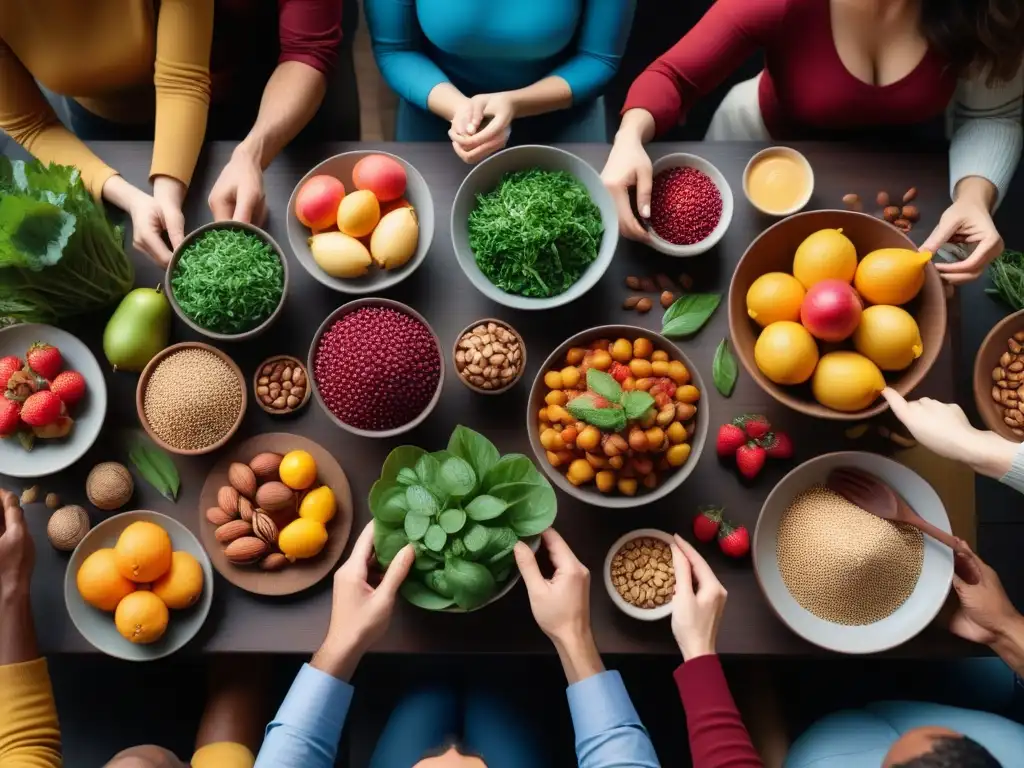 Una animada reunión alrededor de una mesa llena de alimentos veganos coloridos