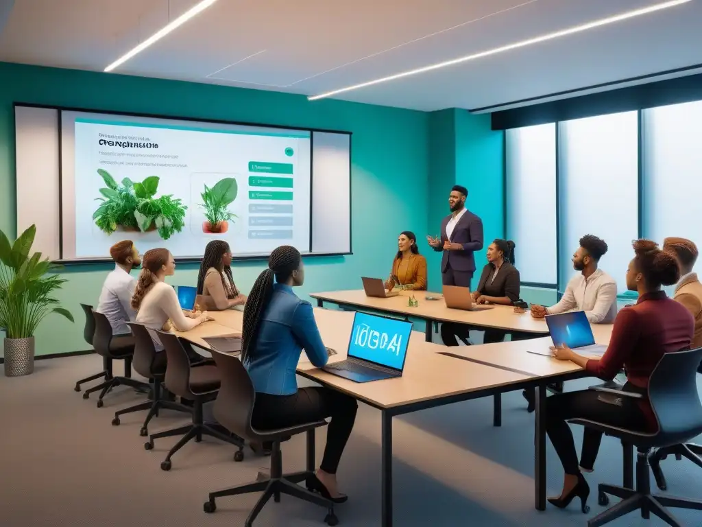 Debate vegano en aula futurista Animada discusión sobre educación vegana en instituciones educativas, con estudiantes diversos y tecnología futurista en aula moderna