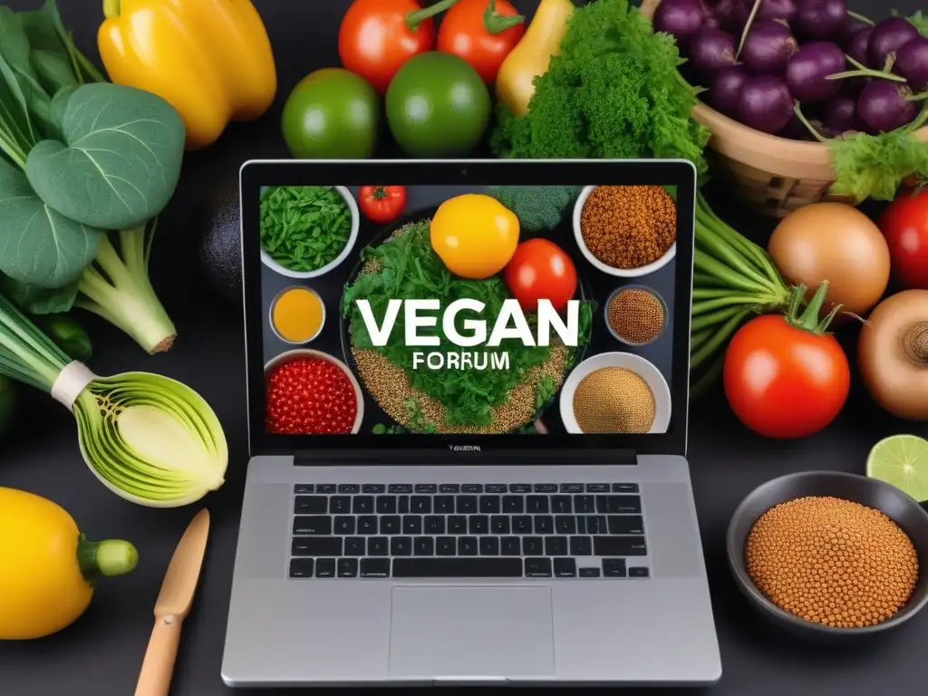 Animadas discusiones en foro vegano en línea culinario con diversidad de personas, laptops y comida vegana colorida