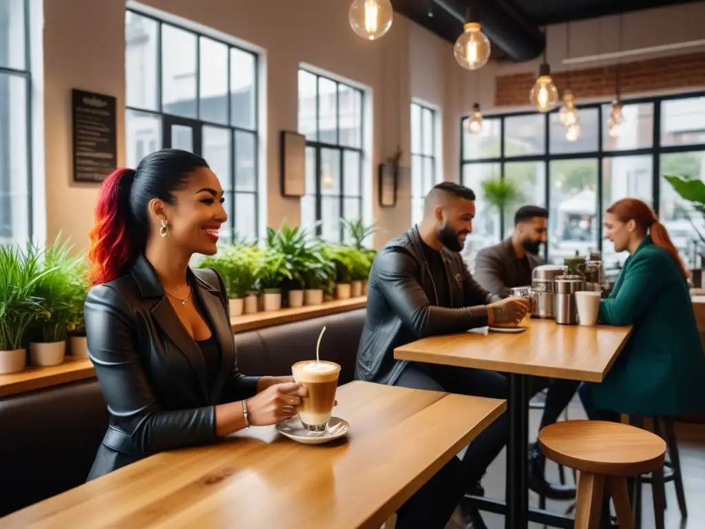 Un animado café vegano con clientes diversos disfrutando de bebidas y platillos, rodeados de decoración minimalista y plantas