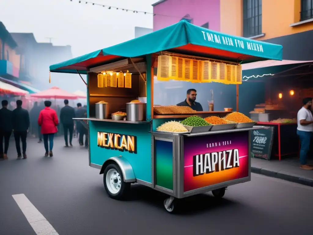 Un animado carrito de antojitos mexicanos veganos deliciosos en un colorido mercado, rodeado de gente diversa disfrutando de los sabrosos snacks