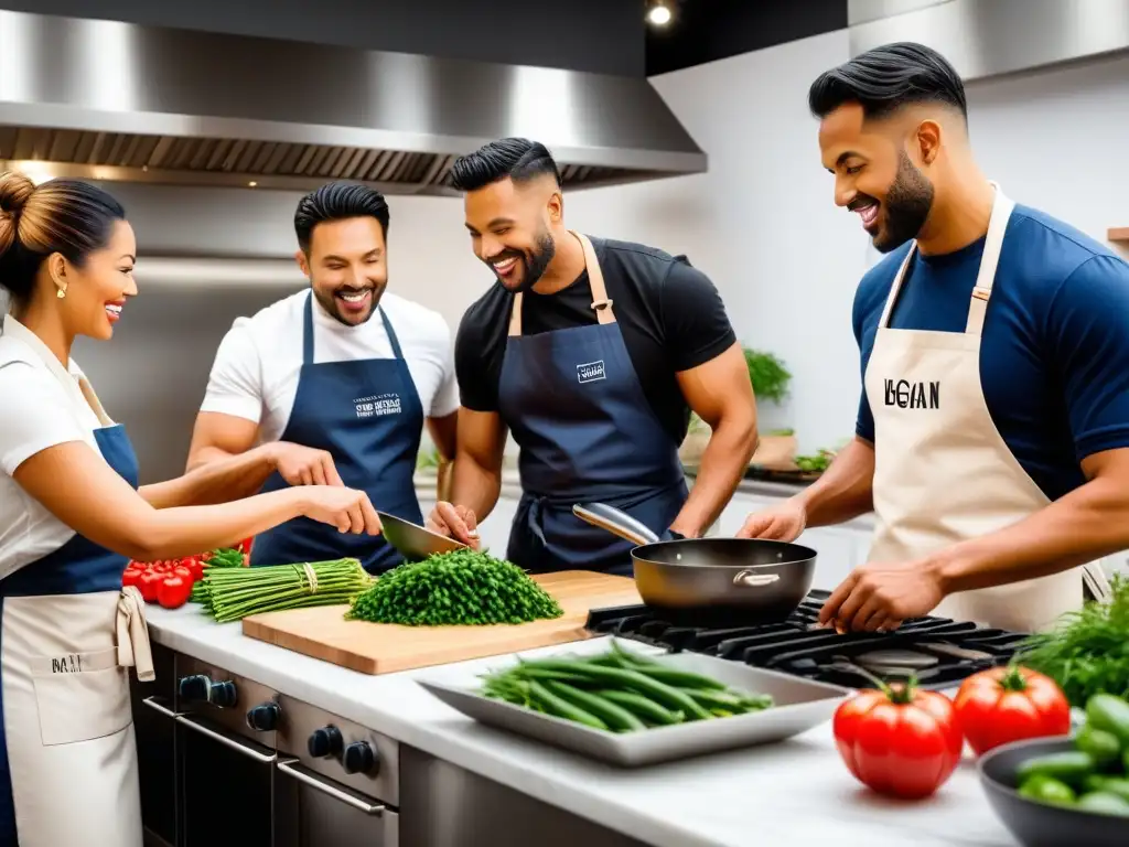 Un animado curso práctico de cocina vegana con participantes de diversas edades y etnias aprendiendo con pasión