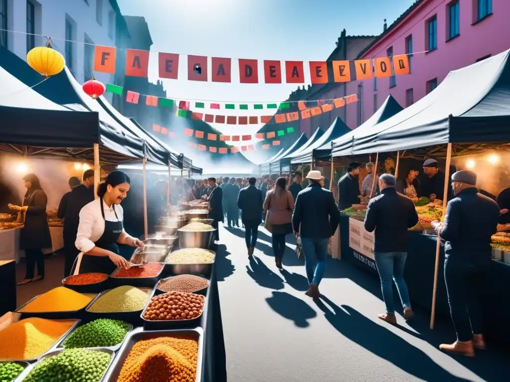 Animado festival de comida vegana del mundo: coloridos puestos ofrecen delicias, visitantes disfrutan de sabores globales