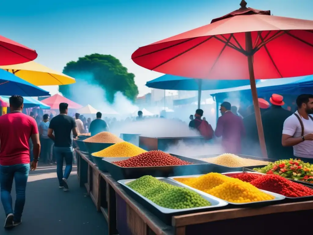 Animado festival vegano en ciudad latinoamericana, con coloridos puestos de comida y diversidad de asistentes bajo cielo azul