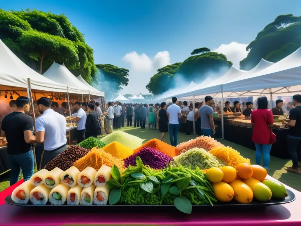 Animado festival vegano gastronomía mundial con platos coloridos y variados, gente probando, vendedores sonrientes y ambiente festivo