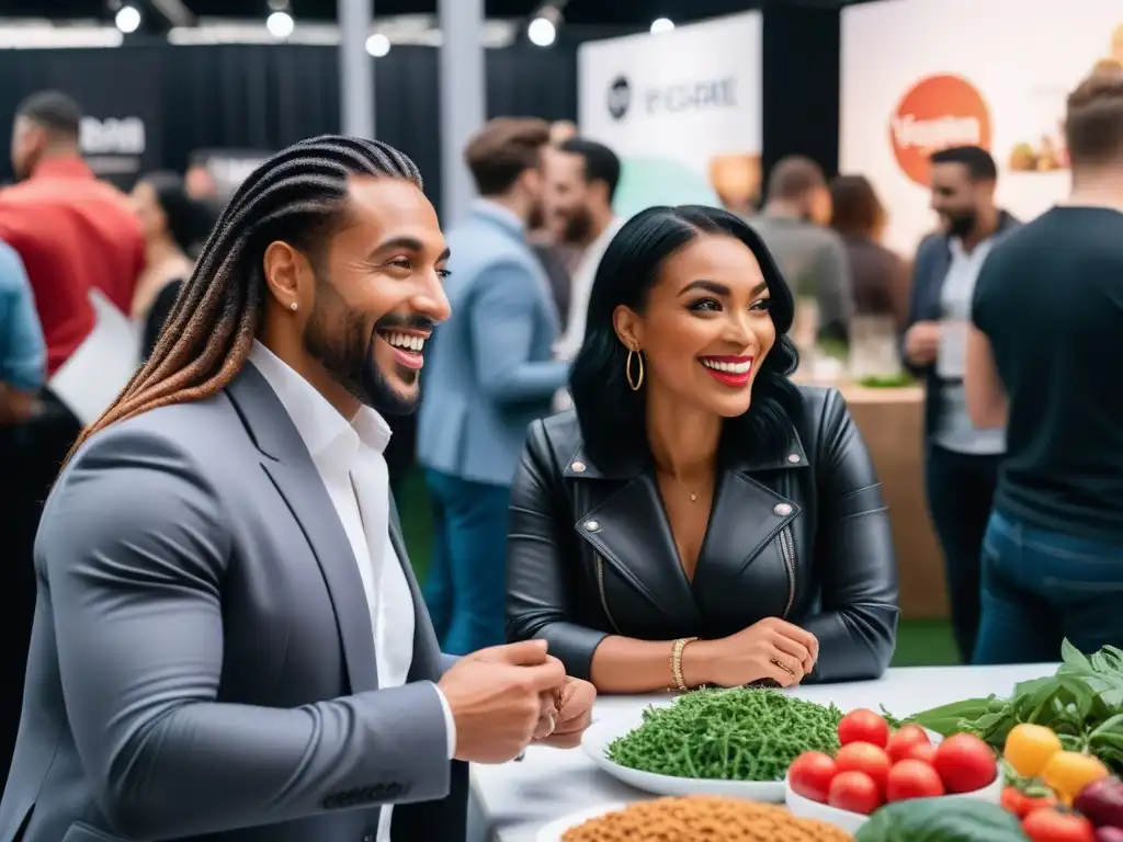 Un animado foro vegano en línea culinario con gente diversa sonriendo y disfrutando de deliciosas comidas veganas en un ambiente moderno y vibrante