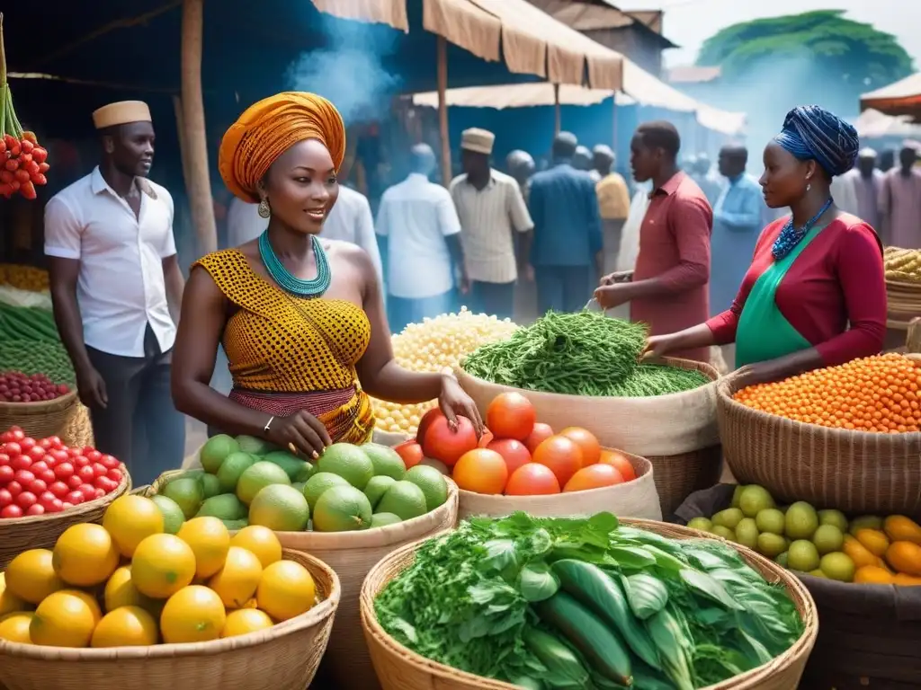 Animado mercado africano con frutas y verduras frescas, gente de todas las edades y fondos, fusionando tradición y modernidad