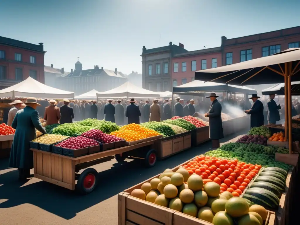 Un animado mercado de agricultores en los años 30 con frutas y verduras coloridas, gente diversa conversando y examinando productos