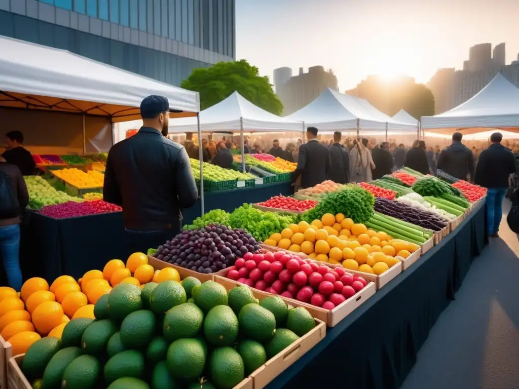 Animado mercado de agricultores al atardecer, reflejando tendencias gastronomía vegana mundial