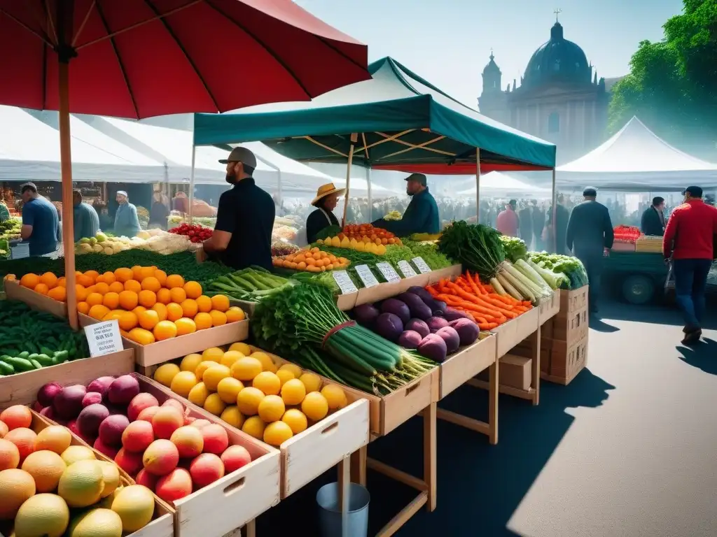 Un animado mercado de agricultores con colores vibrantes y productos frescos, reflejando la comunidad, la salud y la sostenibilidad