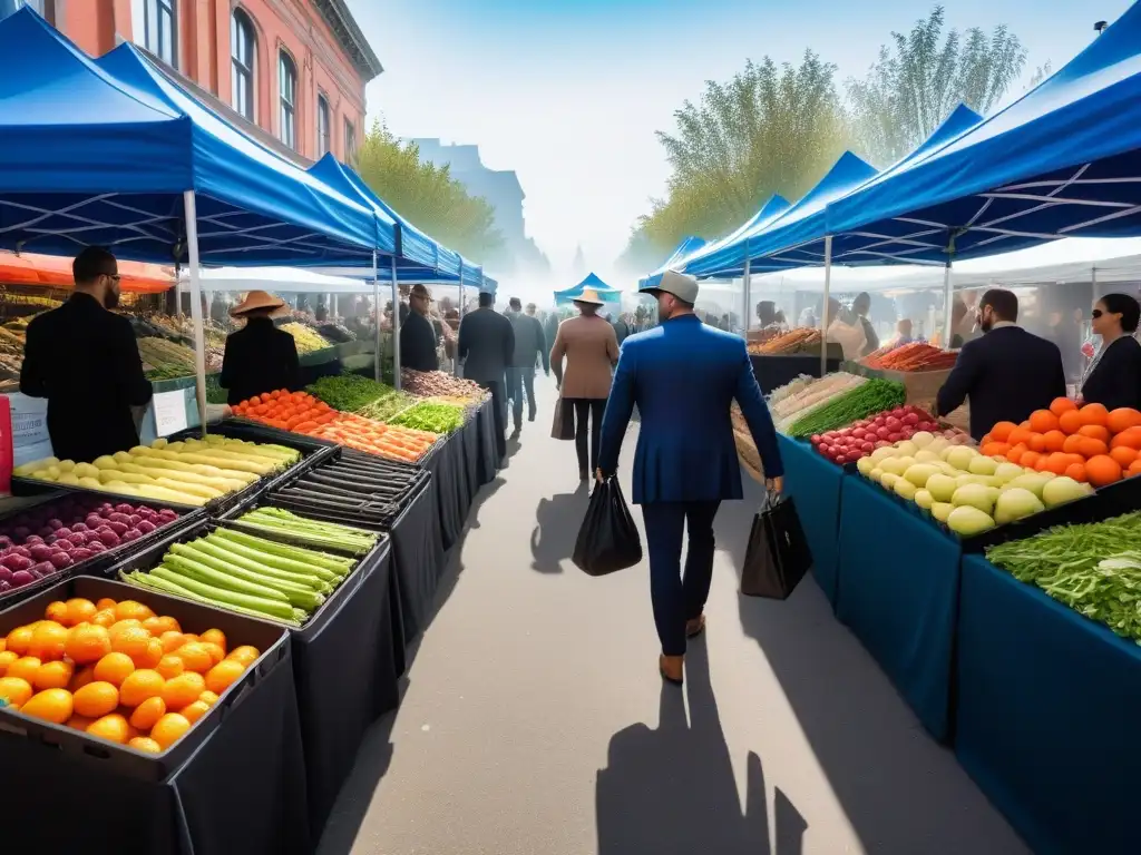 Un animado mercado de agricultores con frutas y verduras frescas y orgánicas, mostrando historias de éxito emprendimientos veganos