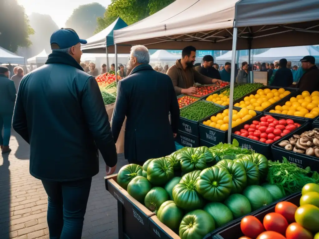 Un animado mercado de agricultores con ingredientes locales para cocina vegana, bañado por la cálida luz del sol