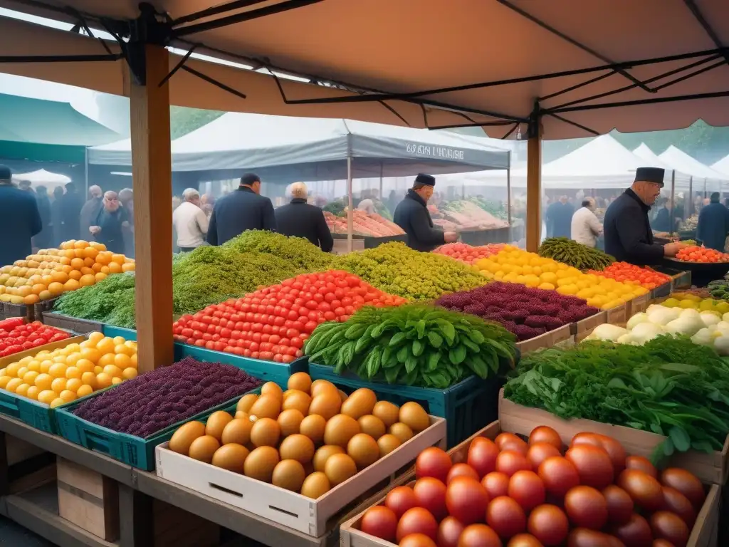 Un animado mercado de agricultores en Europa con productos frescos, chefs, agricultores y entusiastas culinarios, inspirando cocina vegana europea