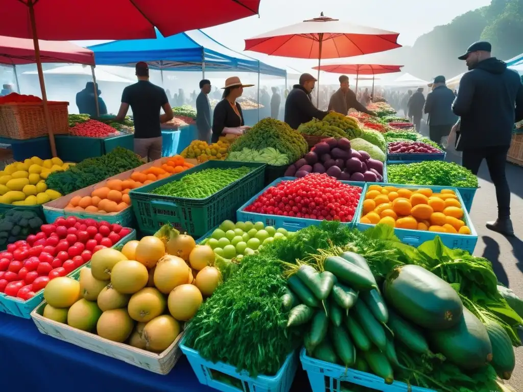 Un animado mercado de agricultores con productos orgánicos, gente diversa seleccionando frutas y verduras frescas bajo el sol