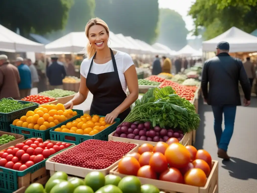 Un animado mercado de agricultores con productos frescos y coloridos, ideal para talleres de cocina vegana saludable