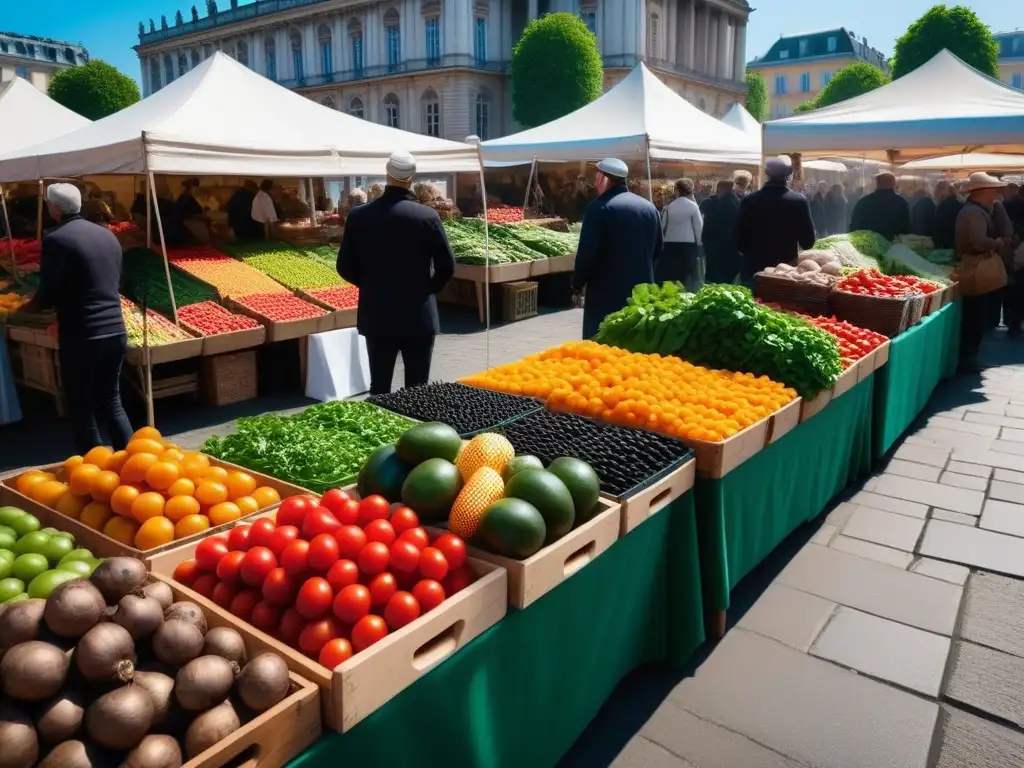 Un animado mercado de agricultores en Europa con productos frescos para cocina vegana