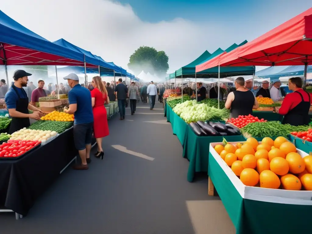 Un animado mercado de agricultores con puestos coloridos y diversidad de personas