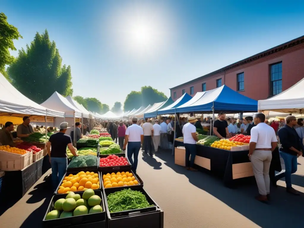 Un animado mercado de agricultores rebosante de frutas y verduras orgánicas frescas, con un ambiente comunitario y acogedor