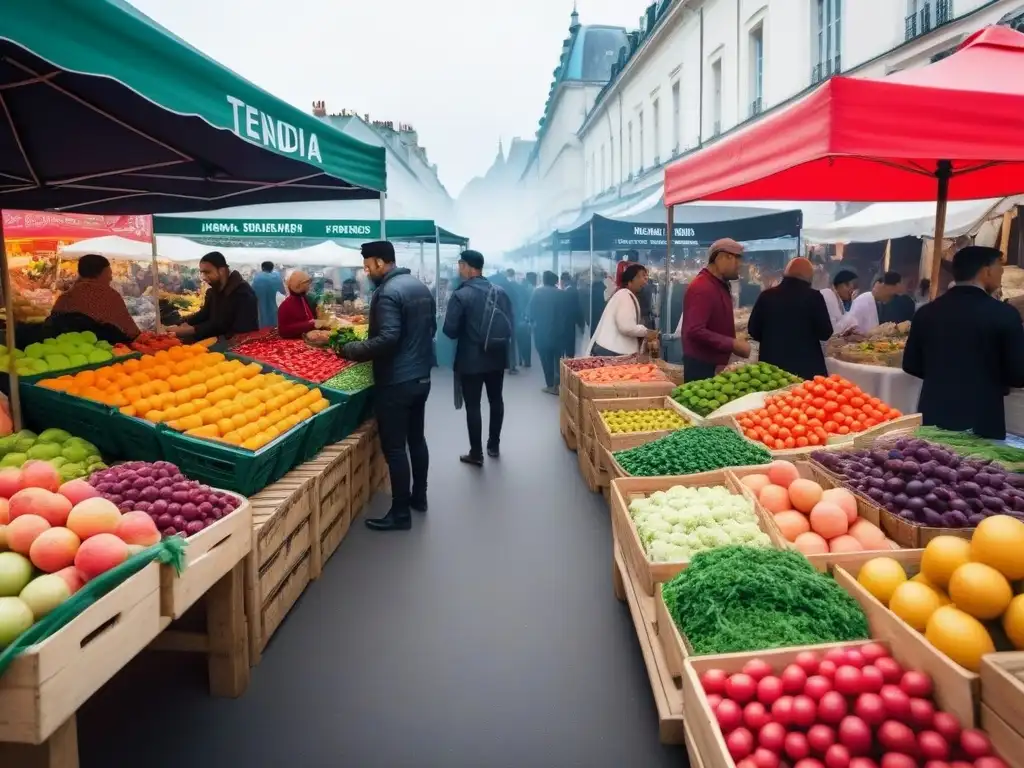 Un animado mercado de alimentos con puestos coloridos vendiendo frutas frescas, verduras y productos a base de plantas