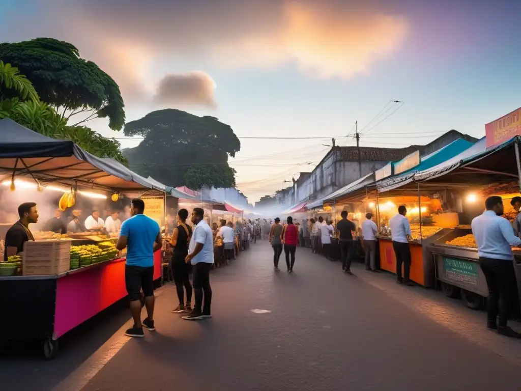 Un animado mercado callejero de comida latina vegana con coloridos puestos de arepas, tacos y smoothies tropicales