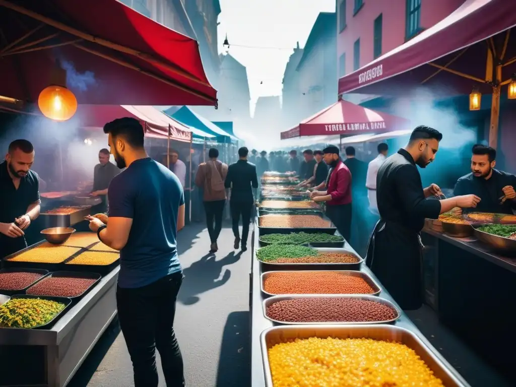 Un animado mercado callejero de comida vegana con puestos coloridos y chefs preparando platos