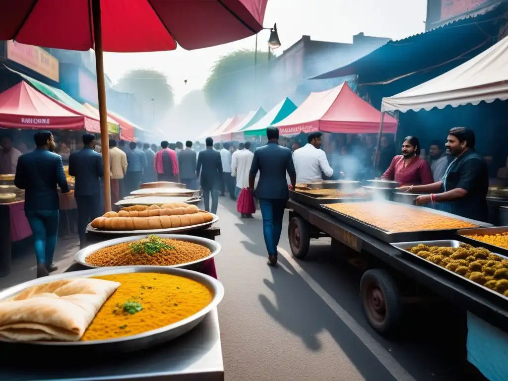 Un animado mercado callejero de comida india vegana: diversidad culinaria y vibrante atmósfera