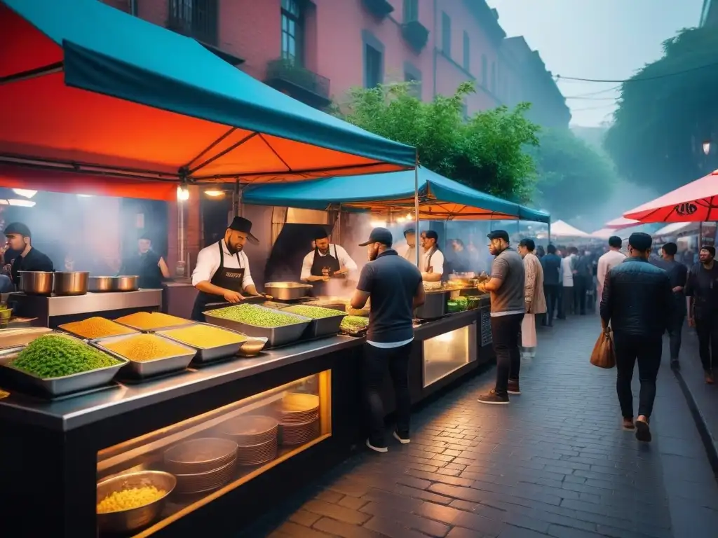 Un animado mercado callejero con puestos de comida vegana colorida