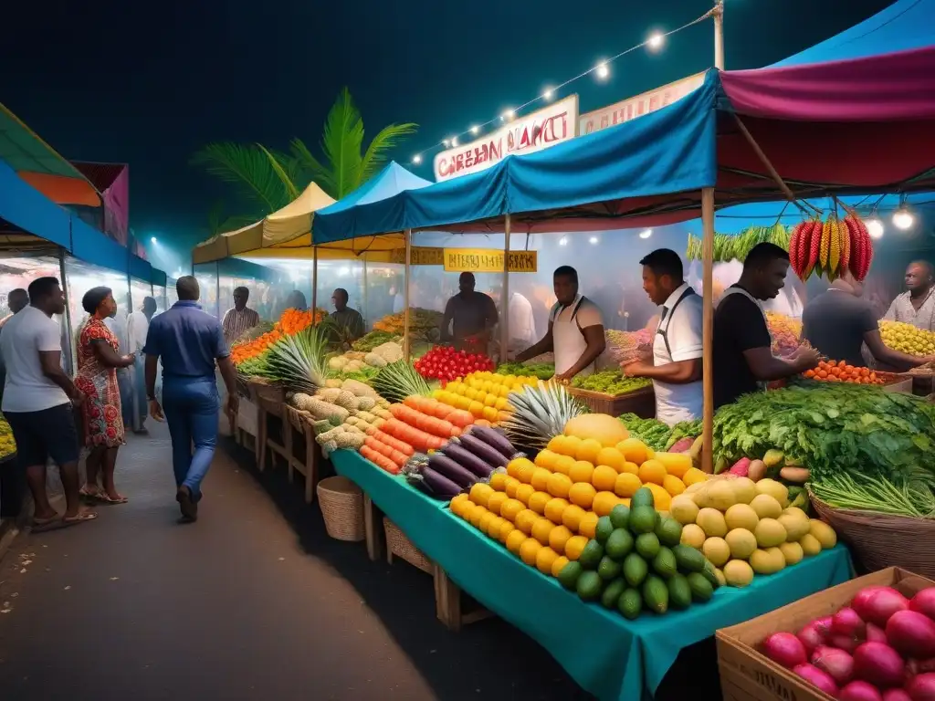 Un animado mercado caribeño lleno de colores y sabores, fusiones de gastronomía vegana y tradiciones locales