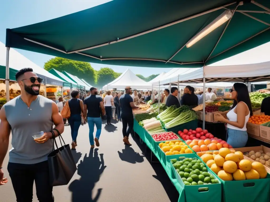 Un animado mercado con diversidad de personas comprando productos veganos certificados de nutrición