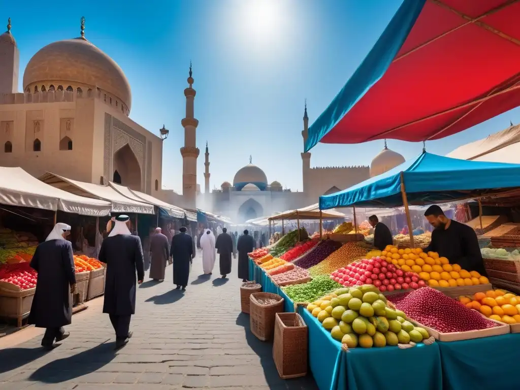 Un animado mercado del Medio Oriente con frutas y verduras frescas y coloridas, rodeado de especias exóticas y carteles en árabe