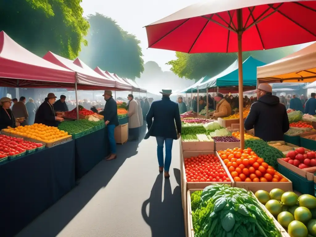 Un animado mercado agrícola con ingredientes veganos de temporada en una escena colorida y vibrante