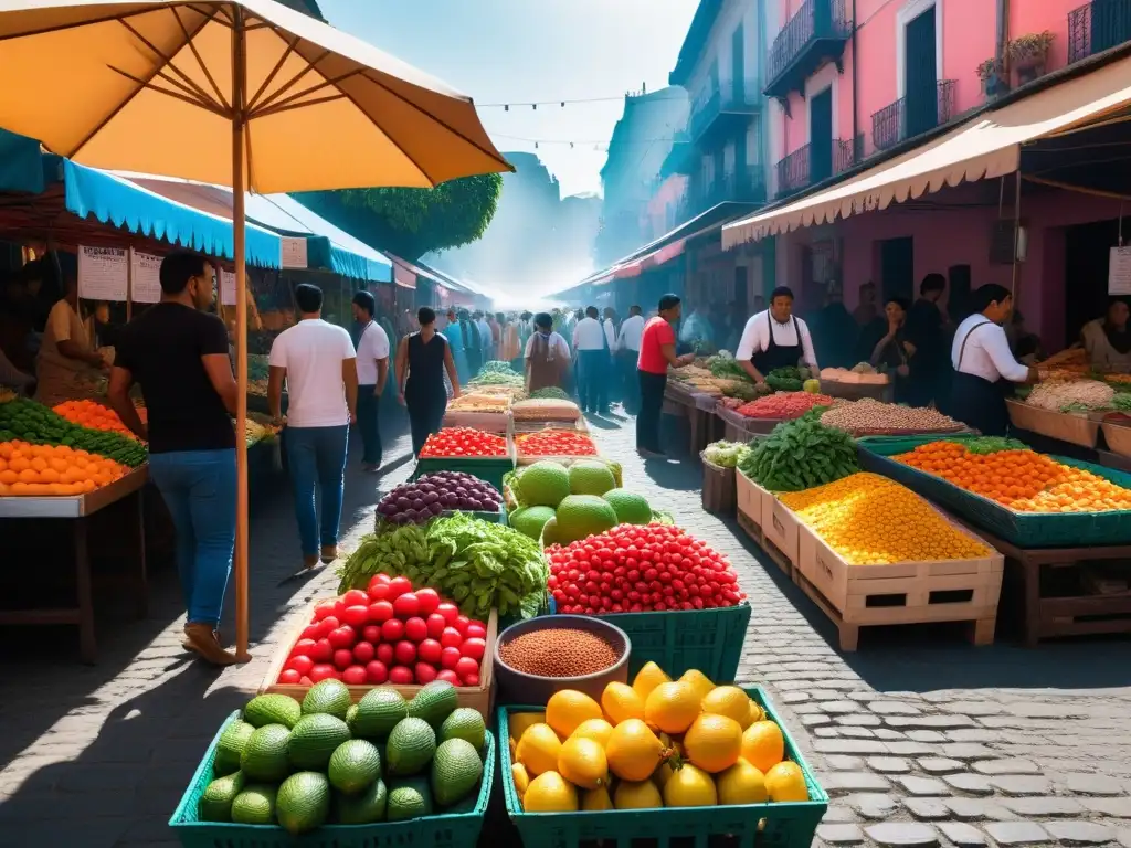 Animado mercado latino con puestos coloridos de frutas, especias y recetas veganas latinas deliciosas