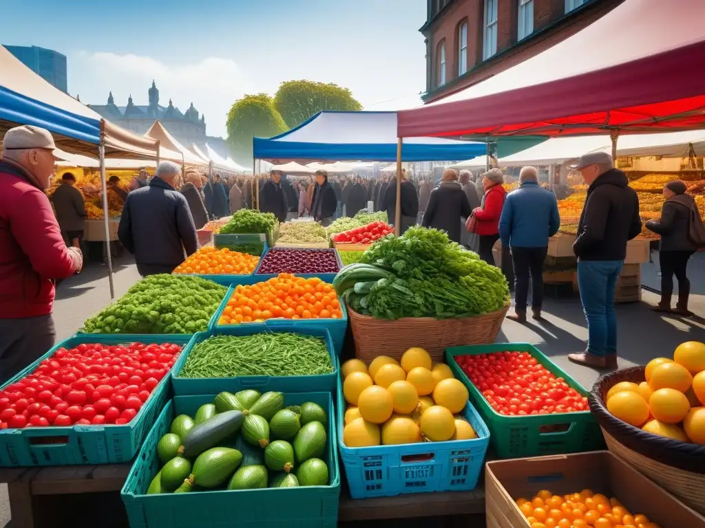 Un animado mercado lleno de productos orgánicos y coloridos