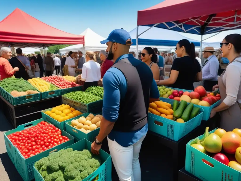 Un animado mercado con personas de todas las edades y orígenes eligiendo productos frescos, sostenibles y variados