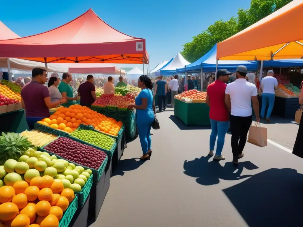 Un animado mercado con personas de distintas etnias comprando alimentos veganos