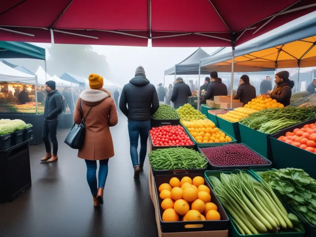 Animado mercado agrícola con productos veganos, diversidad de personas y colores brillantes