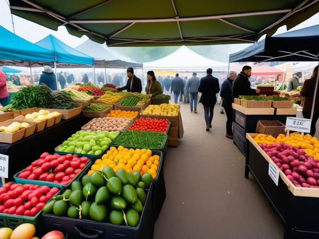 Un animado mercado agrícola rebosante de productos frescos y coloridos, donde compradores de diversos orígenes disfrutan de la variedad de frutas, verduras y hierbas